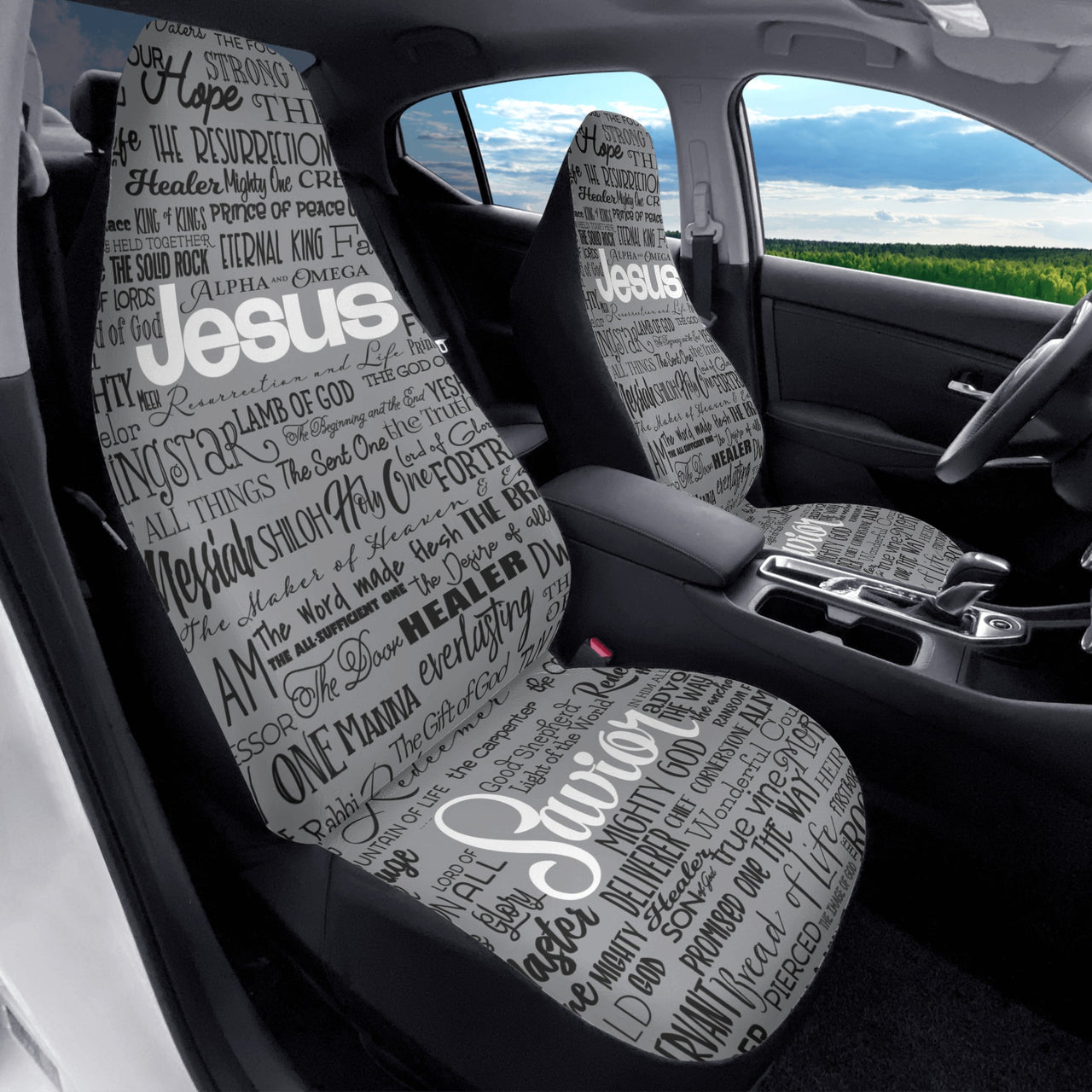 Names of Jesus 2, Gry-Blk-Wht_Car Seat Covers (2 Pcs)