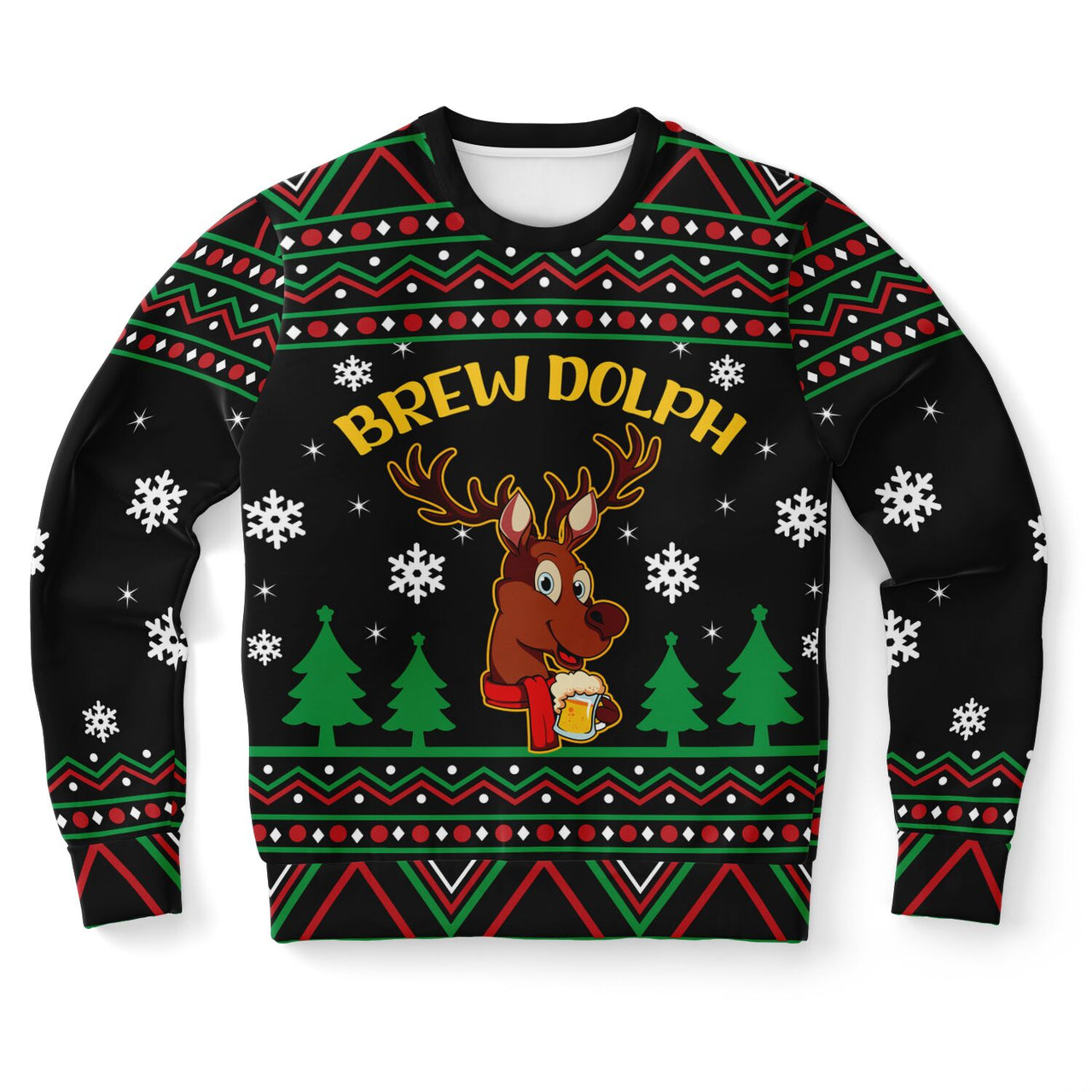 Brewdolph the Reindeer Fashion Ugly Christmas Sweatshirt  design. Reindeer holding beer mug.