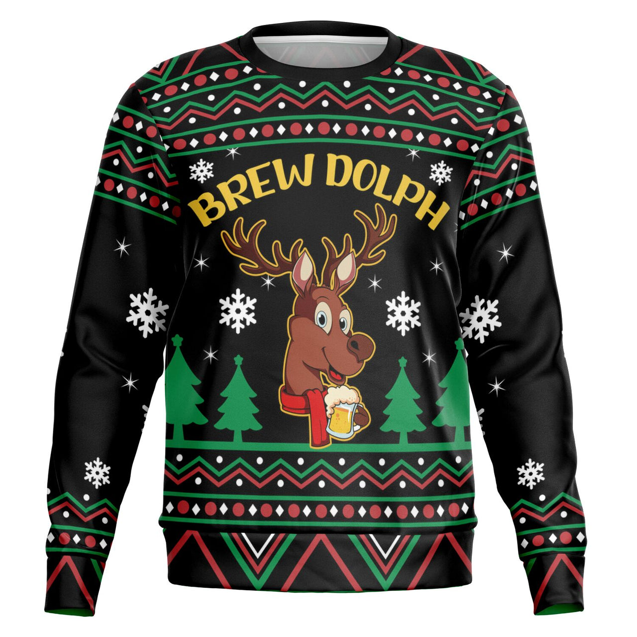 Brew dolph the Reindeer Ugly Christmas Sweatshirt  design. Reindeer holding beer mug.