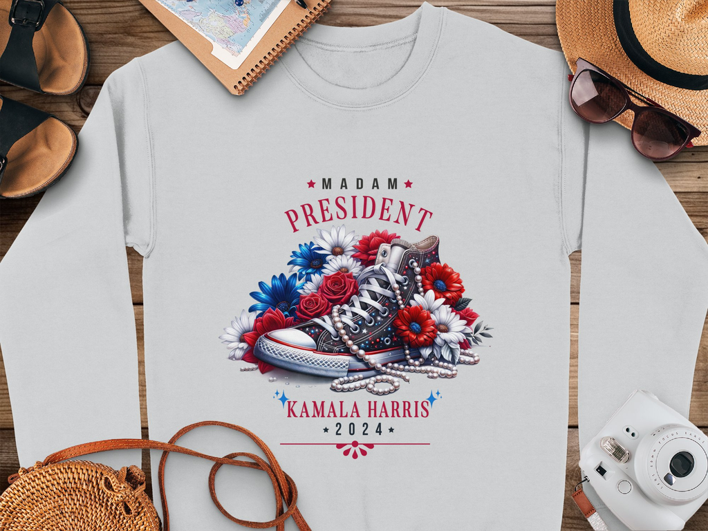 Madam President 2024 Unisex T-Shirt/Sweatshirt, Sneakers & Flowers Design