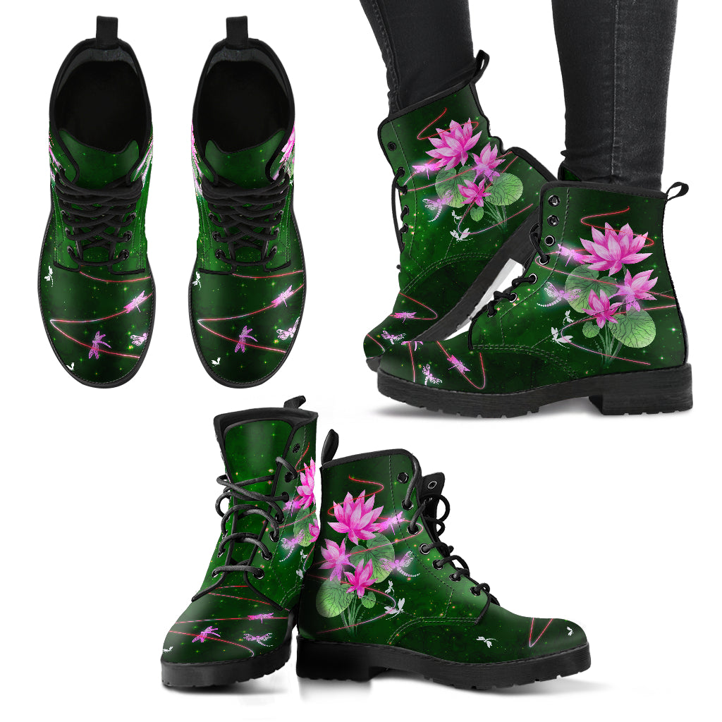 Dragonfly With Lotus Flower Handcrafted Boots V8 - JaZazzy 