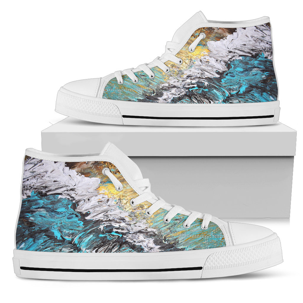 Women's High Top Shoe White - Abstract Sand and Surf Design - JaZazzy 