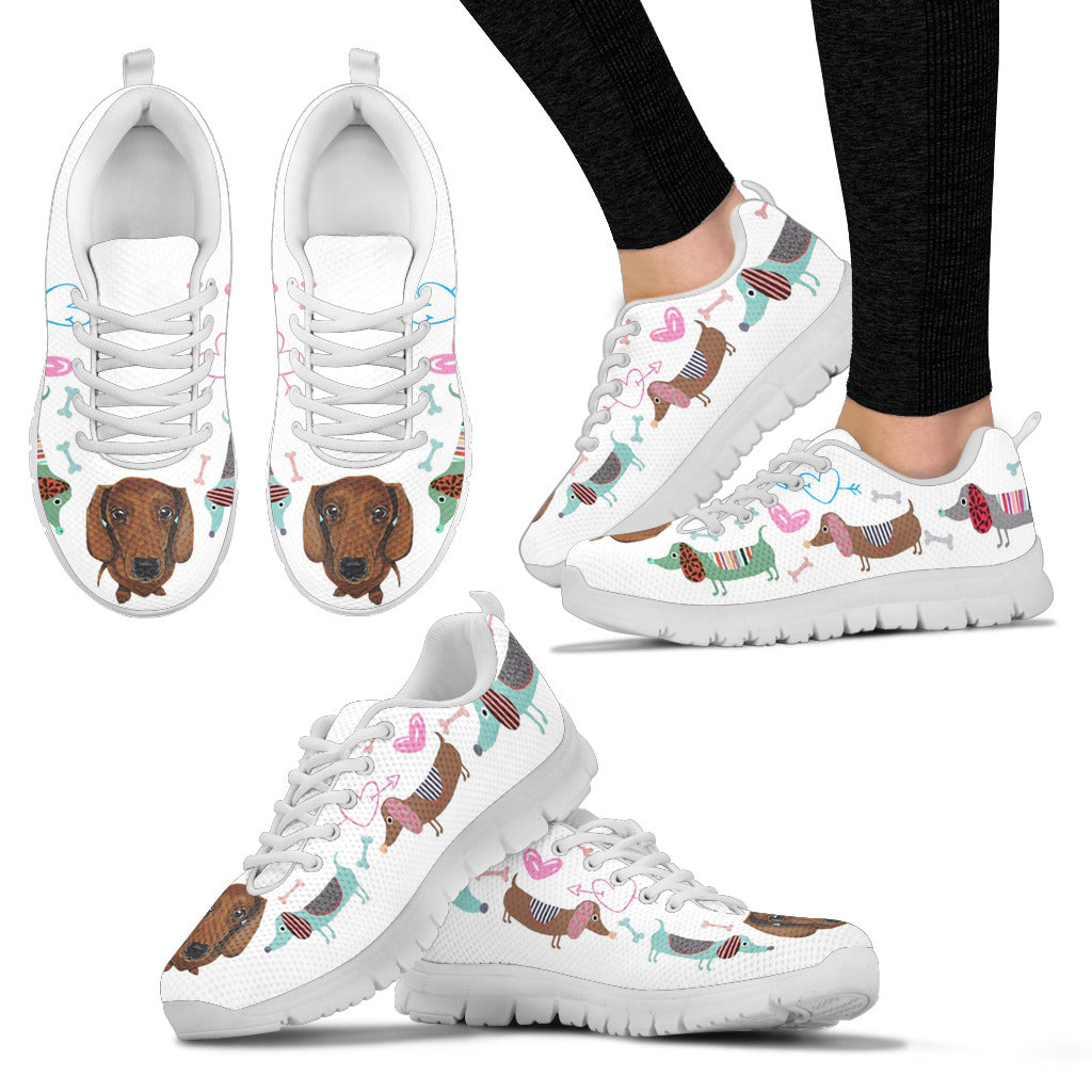 White sneakers with dachsund with cute eyes and hearts - JaZazzy 