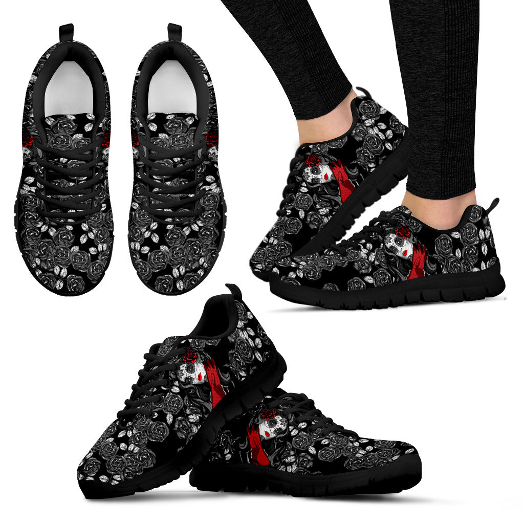 Black Roses and Calavera Girl Hand Crafted Sneakers-black soles - JaZazzy 