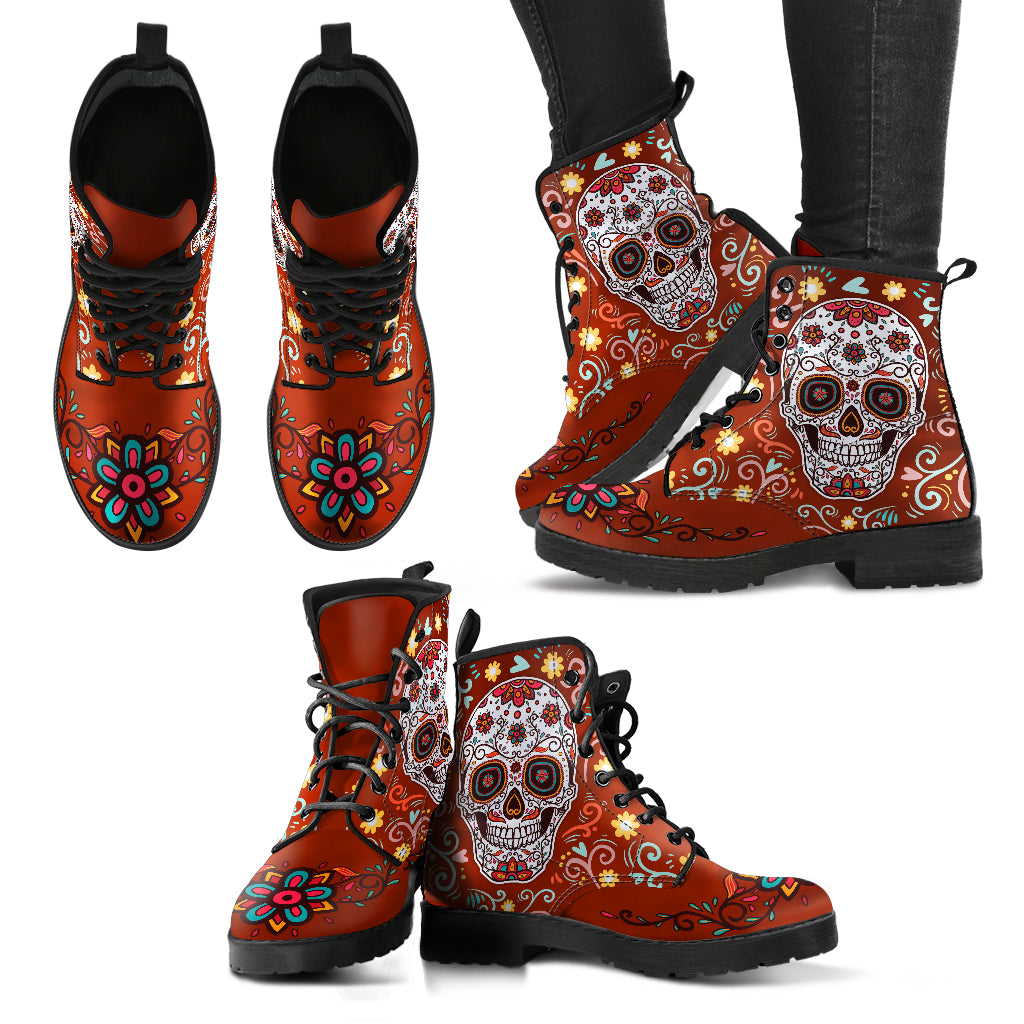 Red Sugar Skull Handcrafted Boots - JaZazzy 