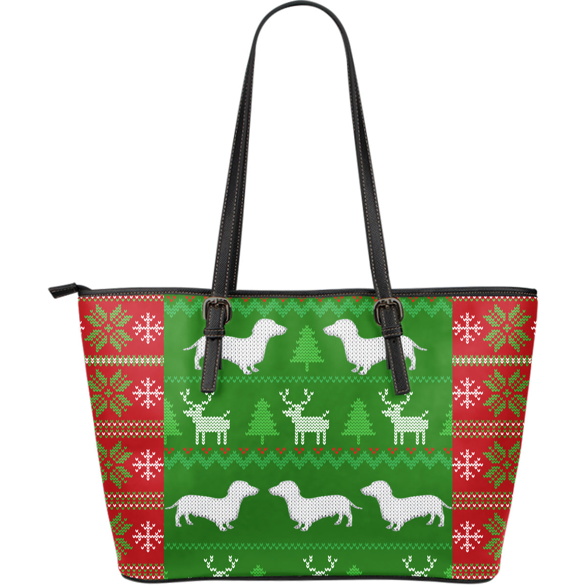 Ugly Christmas Sweater Large Leather Tote Bag With Dachshunds - JaZazzy 