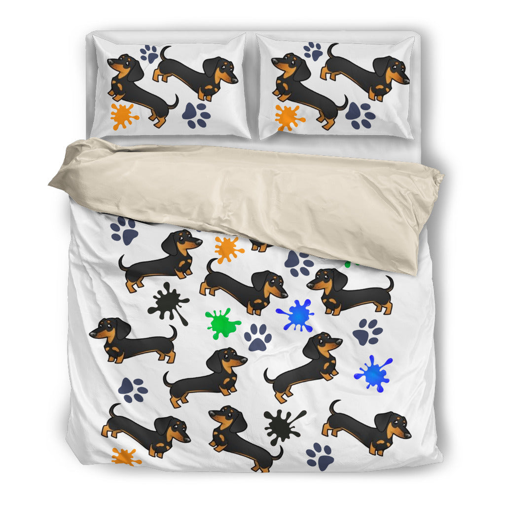 White bedding with dachsund and color spots - JaZazzy 