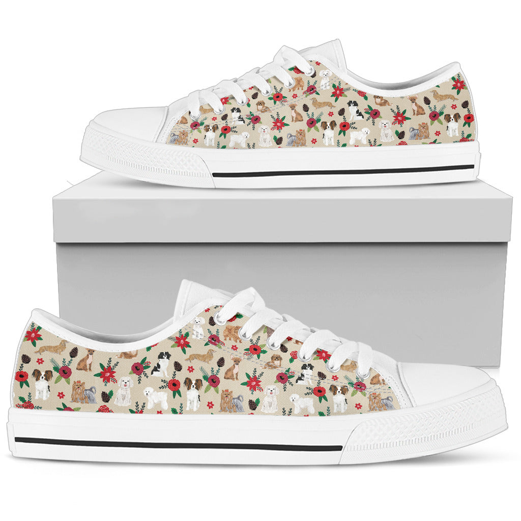 Dogs On Floral White Low Top Sneaker - JaZazzy 