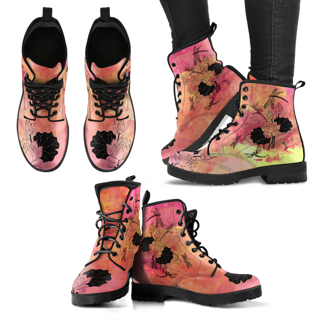 Dragonfly With Lotus Flower Handcrafted Boots S3 - JaZazzy 