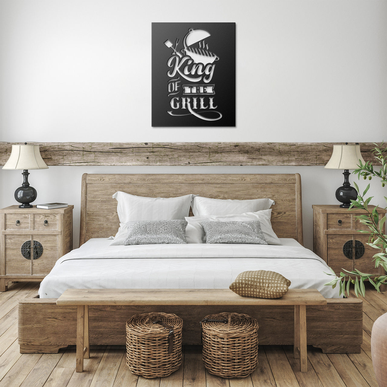 King of the grill, grill and text design on wall over bed