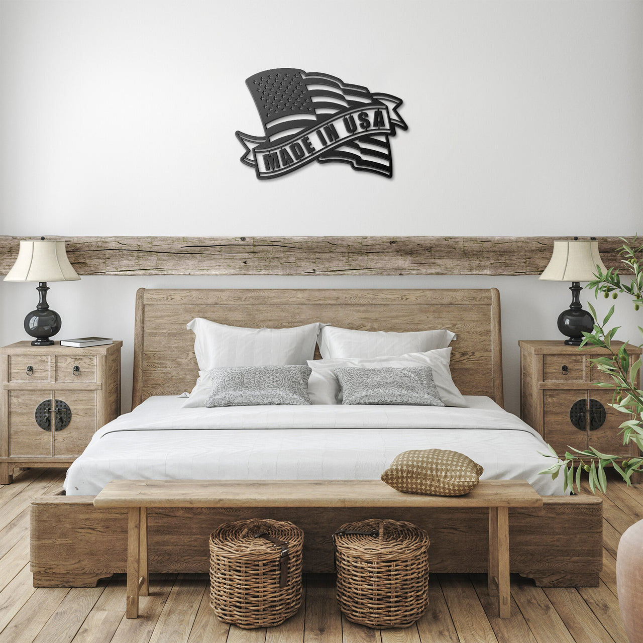 Bed room, Wall Art of Flag with banner, Made in USA. Made of steel and powder coated.