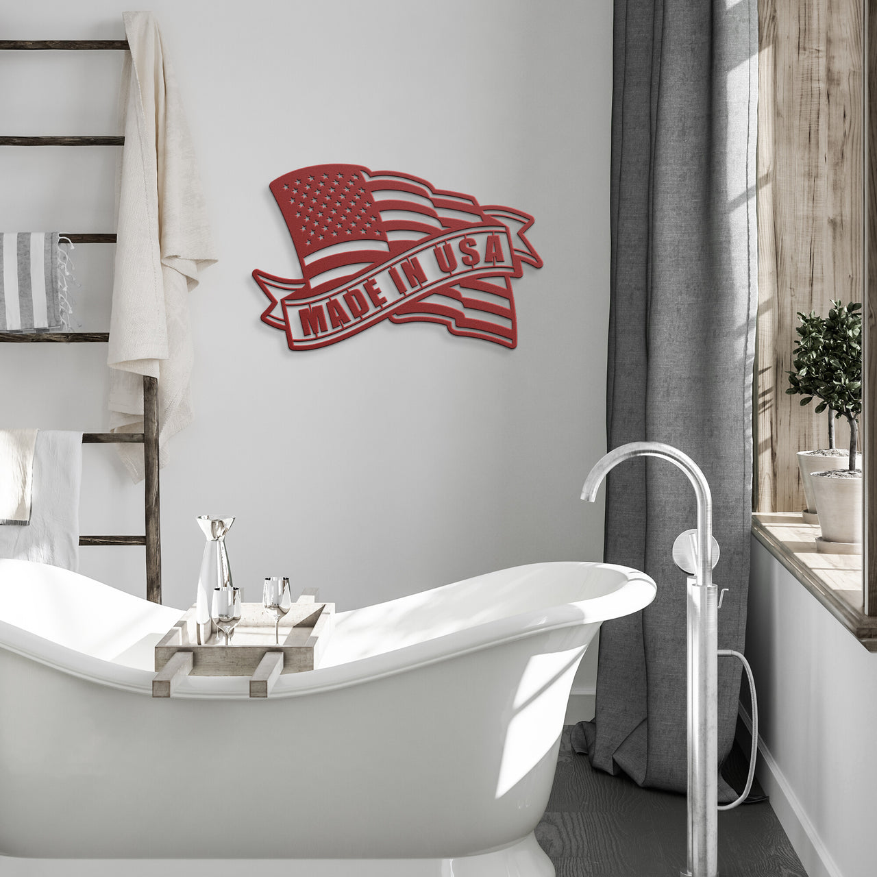 Bath Room, Wall Art of Flag with banner, Made in USA. Made of steel and powder coated.