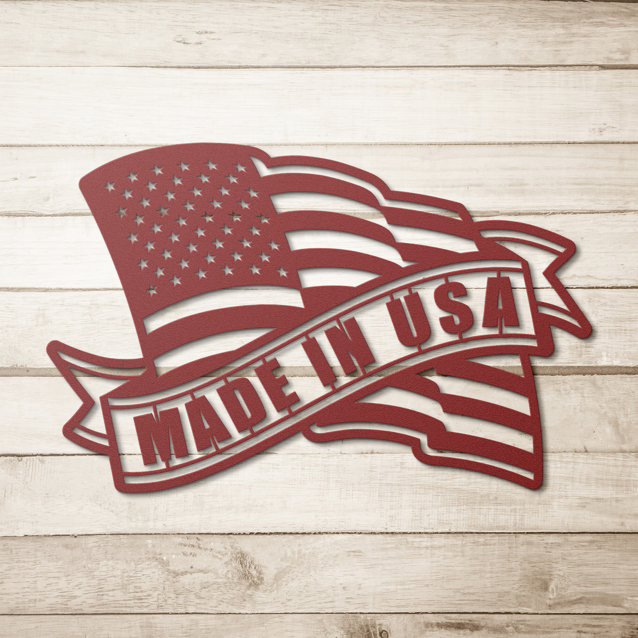 Wall Art of Flag with banner, Made in USA. Made of steel and powder coated.