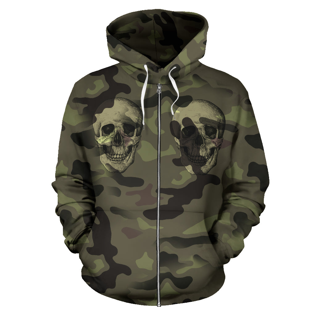 Camo Skull All Over Print Zip Up Hoodie for Lovers of Skulls and Camouflage - JaZazzy 