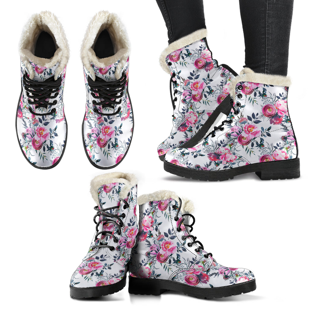Floral Grey Roses & Peonies - Faux Fur Leather Boots - JaZazzy 