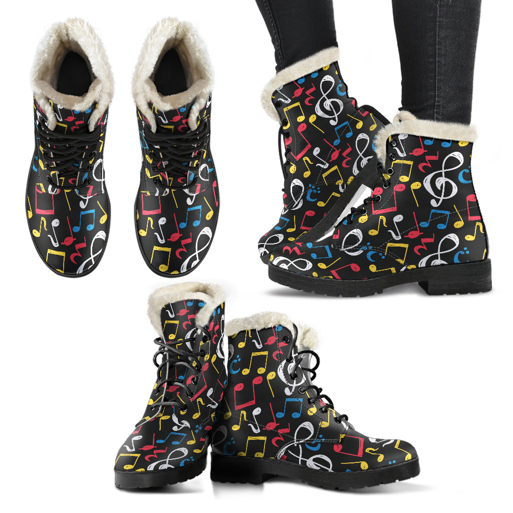 Blue, Red Whiten and Yellow Music Notes Faux Fur Leather Boots Winter Shoes - JaZazzy 