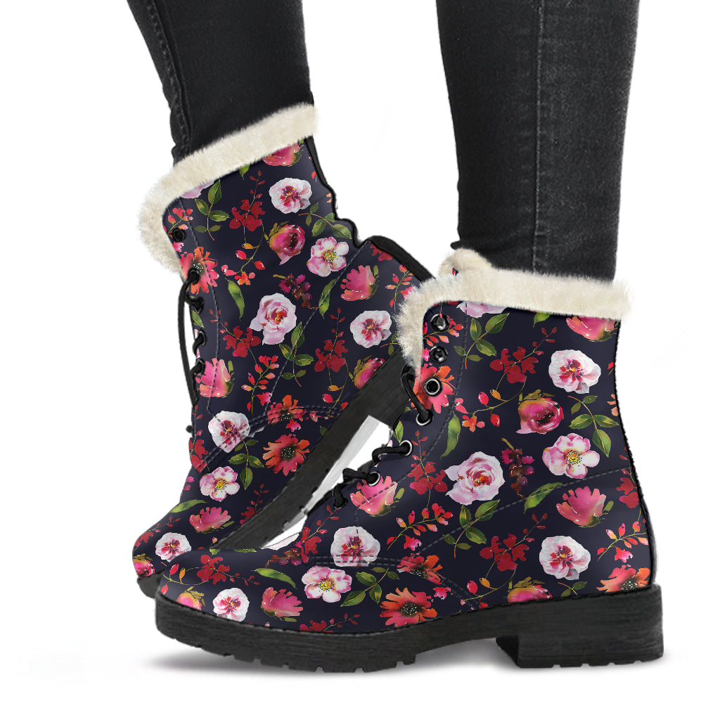Floral Blush Pastel Roses Peonies - Faux Fur Leather Boots - JaZazzy 