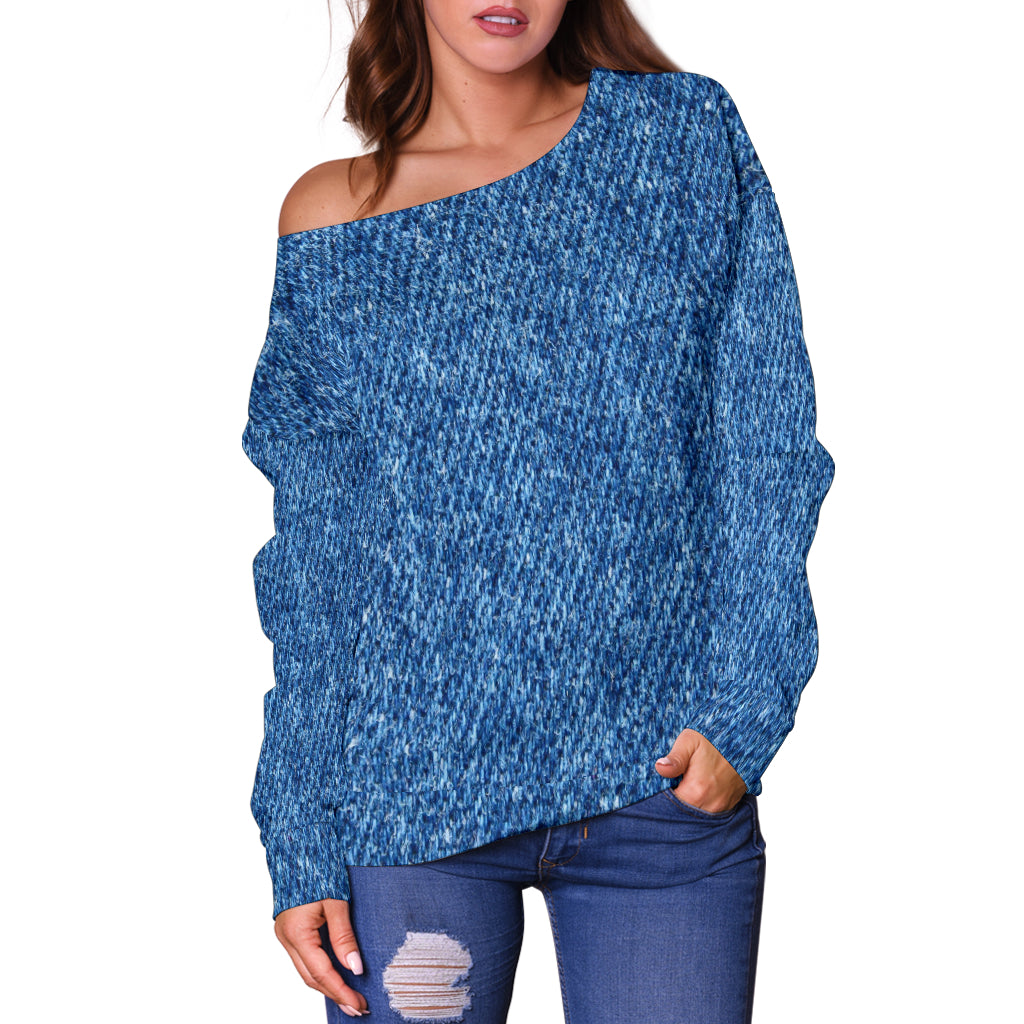 Denim Print Off Shoulder Sweater - JaZazzy 