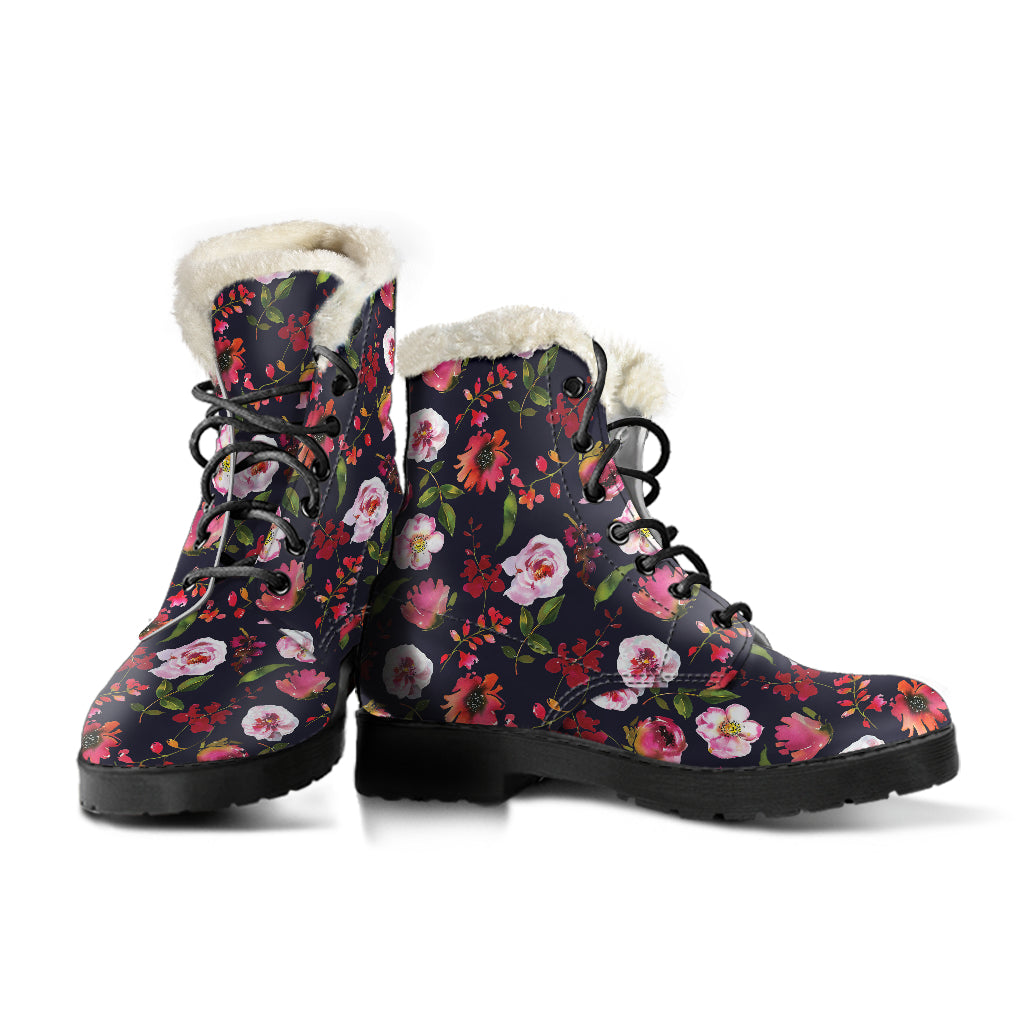 Floral Blush Pastel Roses Peonies - Faux Fur Leather Boots - JaZazzy 