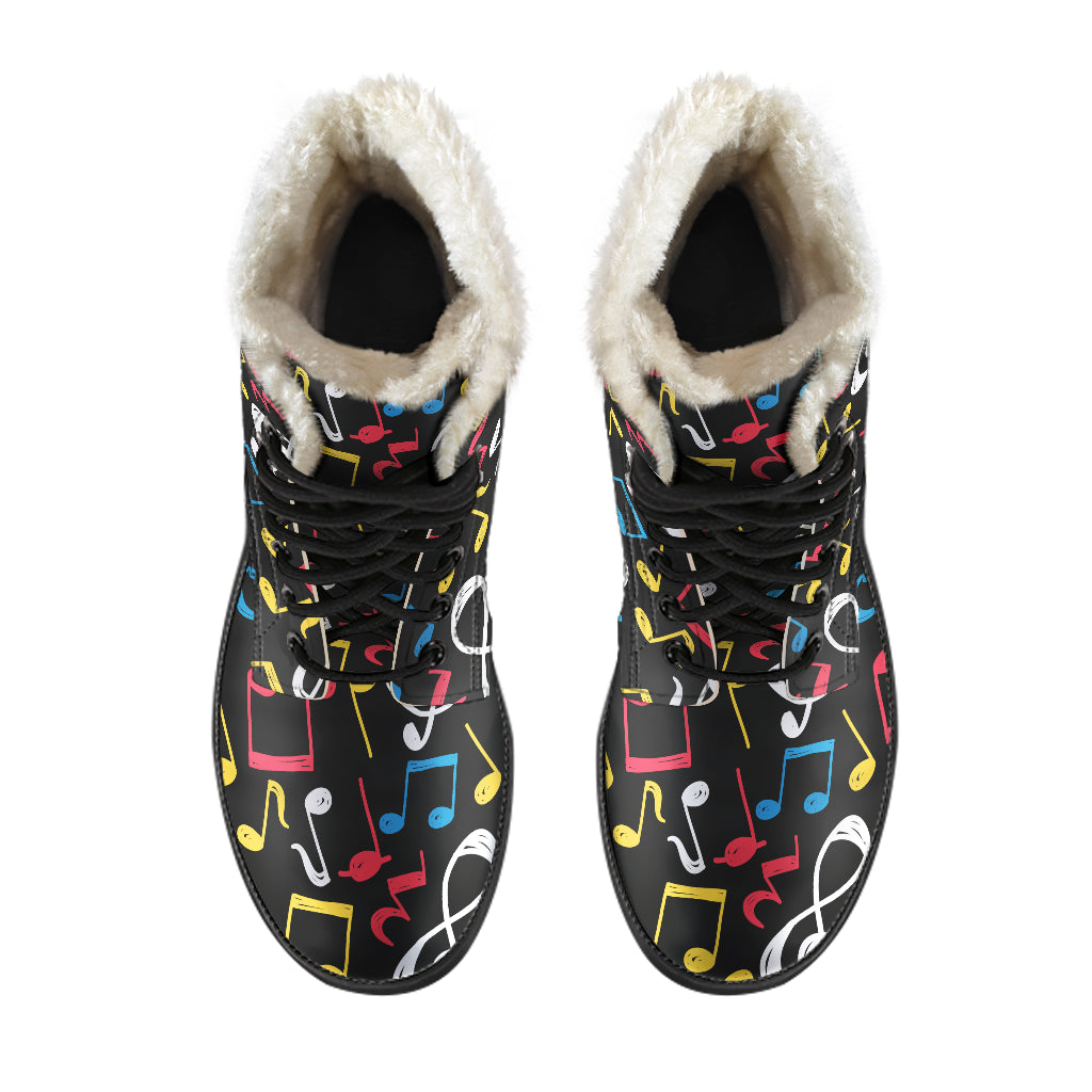 Blue, Red Whiten and Yellow Music Notes Faux Fur Leather Boots Winter Shoes - JaZazzy 