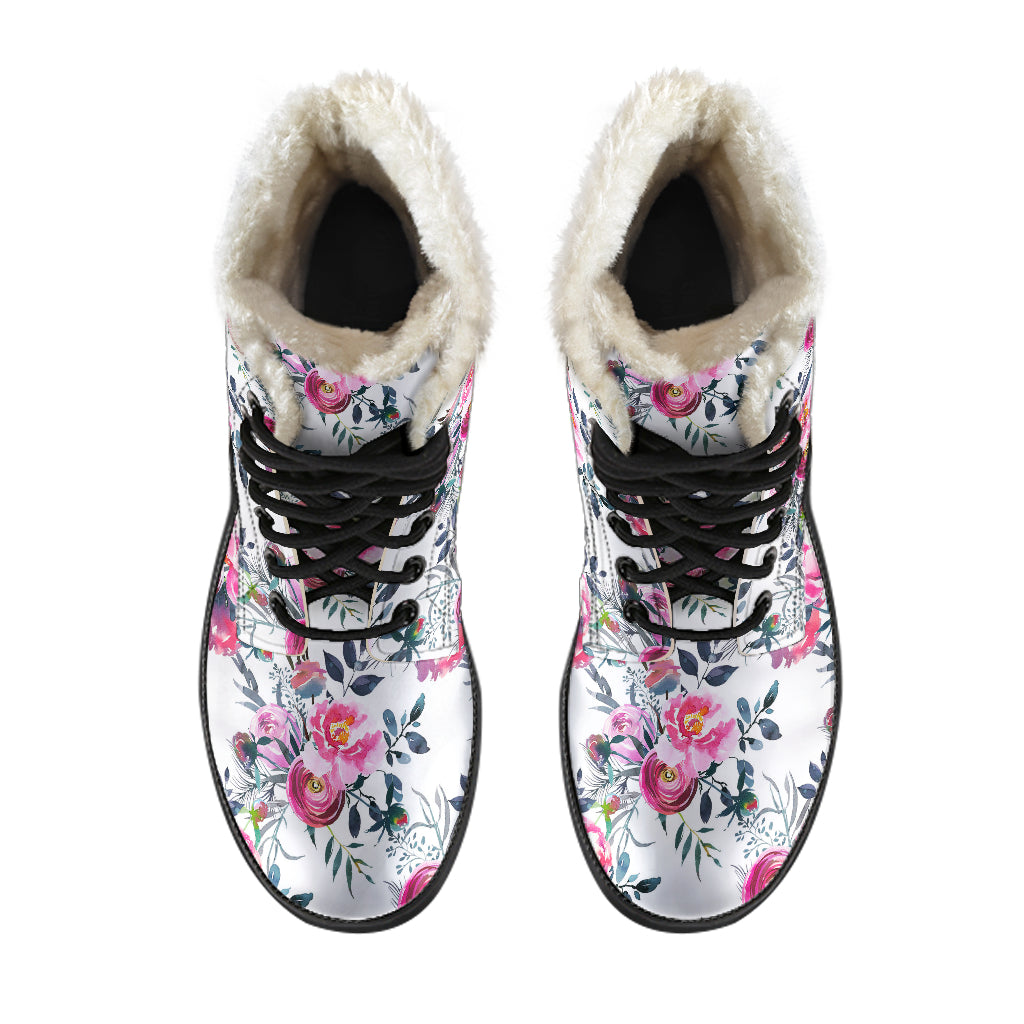 Floral Grey Roses & Peonies - Faux Fur Leather Boots - JaZazzy 
