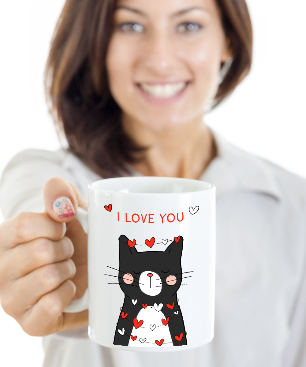 I Love You Grey Cat with Hearts-Coffee Cup 15.oz with woman